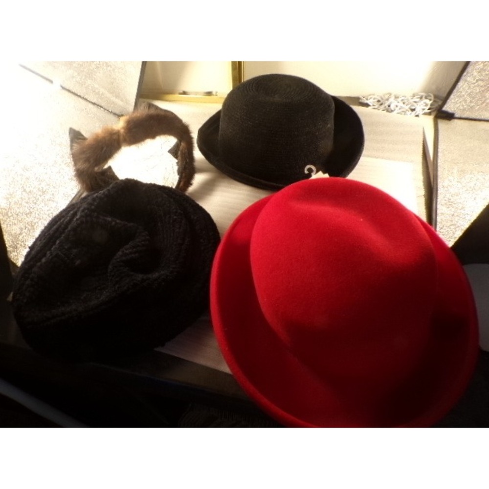 Red Hat Society Wool Cloche Tahari Black Hat Knit Beret Veiled Headband Lot 4pc